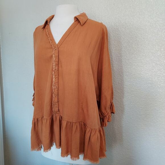 Umgee Orange Linen Tunic Blouse w/Ruffle Size L - Picture 3 of 12